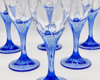 Ensemble de 6 verres à vin Bormioli Bouquet, années 1980, pied bleu orné d'une fleur, vintage, fabriqué en Italie, 180 mm