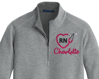 Personalized Embroidered Nurse Quarter Zip Pullover: Heart Stethoscope Design