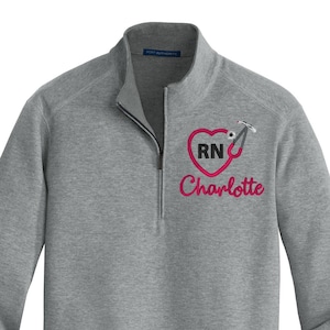Personalized Nurse or Doctor Quarter Zip Sweatshirt - Embroidered Heart Stethoscope and Name Jacket - Full Zip Up Fleece Jacket or Pullover
