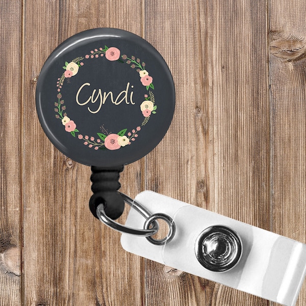 Pink Flower Badge Reel - Personalized Floral Retractable No Twist Work ID Badge Holder