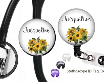 Sunflower Stethoscope ID Tag, Matching Personalized Retractable ID Badge Reel Set