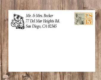 Cat Return Address Stamp, Personalized Rubber Self-Inking Stamp with Laser Image