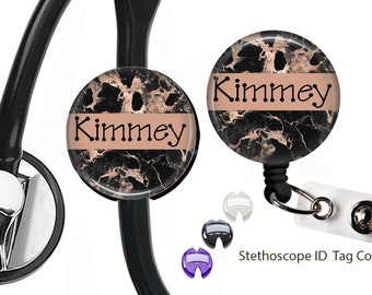 Black Rose Gold Marble Stethoscope ID Tag, Matching Personalized Retractable ID Badge Reel Set