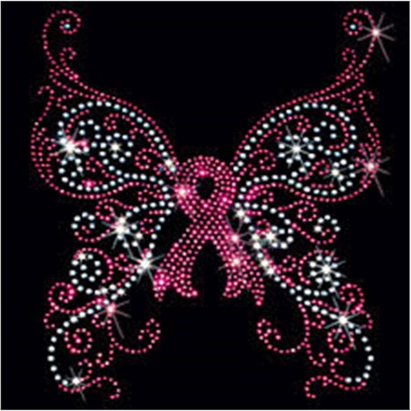 Breast Cancer Awareness Rhinestone T-Shirt Sizes S-4XL - Ribbon Swirl Butterfly Design