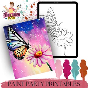 Schmetterling Blumen malen Party druckbare - DIY Malvorlage und Tracer für Farbe und Sip, Kinder und Erwachsene Art Party, digitaler Download
