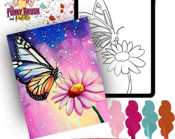 May include: A printable paint party design featuring a colourful butterfly landing on a pink flower with a galaxy-like background. The design is accompanied by a black and white outline of the same image and a set of five paint colour swatches.