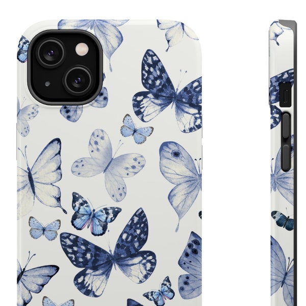 iPhone Case Blue Butterfly Mag-Safe Tough Case fits all iPhone Models 13 14 15 Mini Pro Plus ProMax. Unique gift for friends family members.