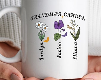 Personalized Ceramic Mug with Grandmas Garden inscribed.  Grandkids birth flowers and names on it. 11, 15, or 20oz. Nana mug, Grandma gift.