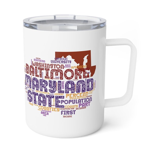 Maryland Insulated Coffee Mug. Home of the famous NFL football in Baltimore.     Discover Annapolis, University of Maryland.  Travel mug.