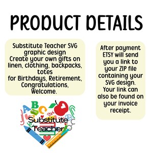 Substitute Teacher PNG SVG graphic file.  Customize Birthday Thank You gifts for Educators.  Personalize retirement gifts for Substitute Teacher.  Create your own unlimited gifts.
ETSY will send you a link to your ZIP file containing your files.