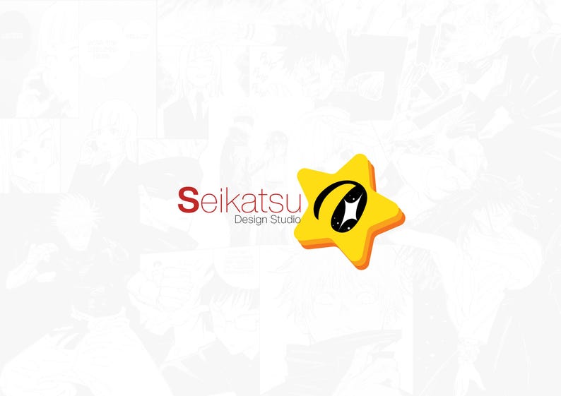 May include: A yellow star with a black design inside, with the text "Seikatsu Design Studio" in red below it.