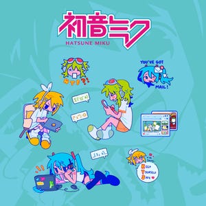 May include: Illustration featuring the text "HATSUNE MIKU" and Japanese characters. The image includes several cartoon figures with speech bubbles and text such as "WTF?!", "YOU'VE GOT MAIL!", and "KEEP YOURSELF SAFE". The background is a light teal color.