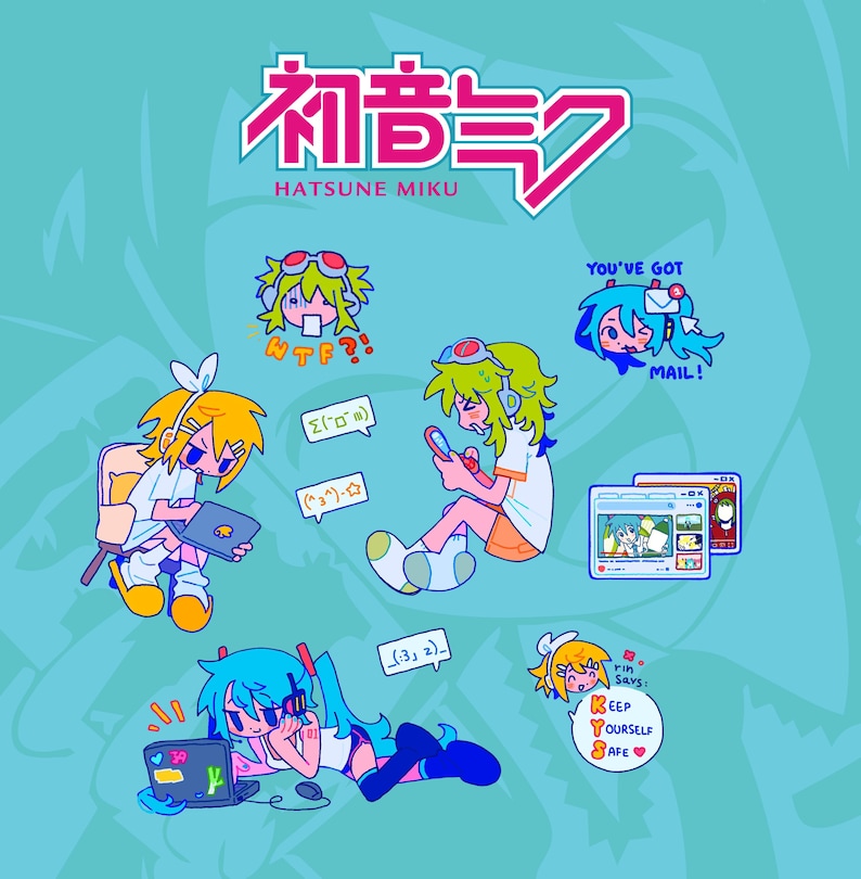May include: Illustration featuring the text "HATSUNE MIKU" and Japanese characters. The image includes several cartoon figures with speech bubbles and text such as "WTF?!", "YOU'VE GOT MAIL!", and "KEEP YOURSELF SAFE". The background is a light teal color.