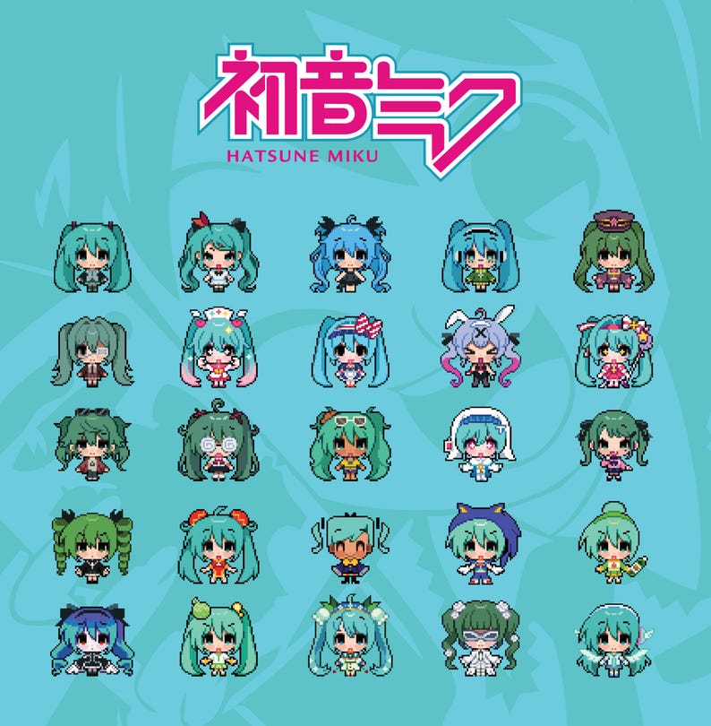 May include: A teal background features pixelated illustrations of Hatsune Miku in various outfits. The Japanese text and English text "Hatsune Miku" are in the upper portion of the image. The illustrations showcase Miku with different hairstyles and accessories.