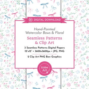 Coquette Bows Floral Seamless Pattern Digital Paper, Preppy Coquette Aesthetic Clip Art, PNG JPG