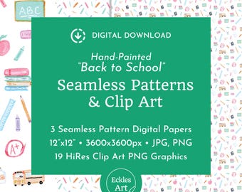 Back to School Watercolor Graphics Seamless Pattern Digital Paper, Teacher Clip Art, PNG JPG