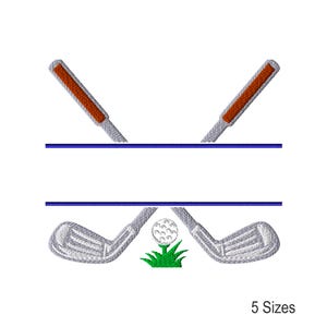 May include: Embroidered golf-themed design featuring crossed golf clubs with orange and gray handles, a golf ball, and green grass. The design includes a blank space for text and the text "5 Sizes".