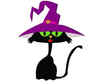 Broderidesign för Halloween med häxkatt: 5 storlekar (direktnedladdning, PDF-informationsfil ingår)