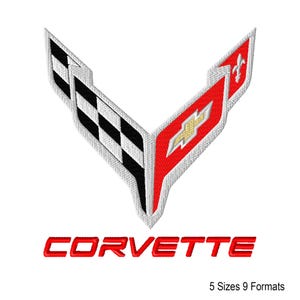 May include: An embroidered patch featuring the Chevrolet Corvette logo with a black and white checkered flag on the left and a red flag with a gold Chevrolet bowtie emblem and a white fleur-de-lis on the right. The word CORVETTE is below.