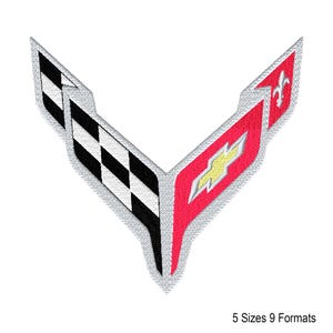 May include: An embroidered patch featuring the Chevrolet Corvette logo in a V-shape. The left side displays a black and white checkered flag pattern, while the right side is red with a yellow bowtie emblem and a white fleur-de-lis symbol.