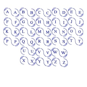 May include: A full alphabet of capital letters, each within a blue, wavy border. The letters are in a dark blue font, and each border is decorated with a blue floral design. The background is white.
