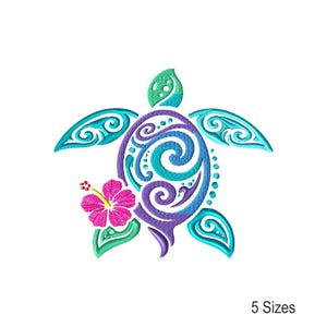 May include: An embroidery design of a sea turtle featuring swirling patterns in shades of purple, blue, and teal. The turtle has a bright pink hibiscus flower with a yellow center near its front flipper. The text 5 Sizes is in the corner.