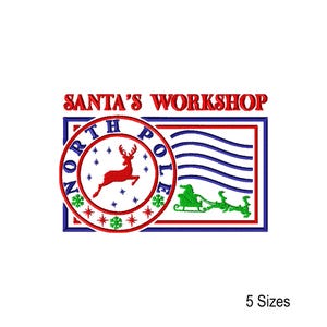 May include: Embroidered design featuring "SANTA'S WORKSHOP" in red, with a North Pole emblem and Santa in his sleigh. The design includes a red reindeer, snowflakes, and green accents. The text "5 Sizes" is at the bottom.
