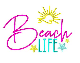 Beach Life Machine Embroidery Design: Summer Theme Instant Download Files in 4 Sizes
