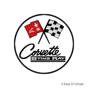 May include: A circular embroidered patch featuring a red flag with a white Chevrolet emblem and a white fleur-de-lis, crossed with a black and white checkered flag. The text Corvette STING RAY is embroidered in black below the flags.