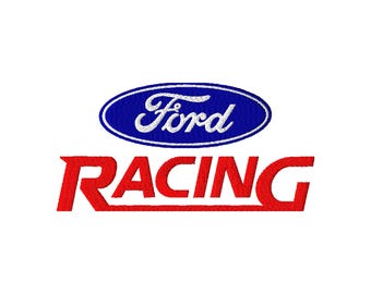 May include: Embroidered patch with the Ford logo in a blue oval with white text, above the word "RACING" in red, on a white background. The text "5 Sizes" is at the bottom.