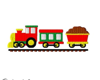 May include: A red toy train with a green boxcar and a brown coal car. The train is on a brown track.