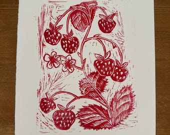 Strawberry Linocut Print: Handmade Floral Graphic Art, Limited Edition