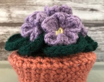 Forever Blooming Hand Crocheted Pot of African Violets - Lavender Colored Flowers/-Terracotta Colored Pot