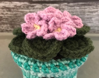 Forever Blooming Hand Crocheted Pot of African Violets - Lilac Colored Flowers/-Shades of Turquoise Colored Pot