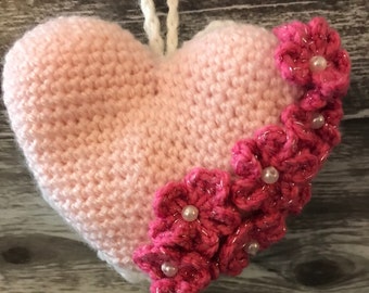 5 Inch Crocheted Hanging Flower Heart - Color Pale Pink