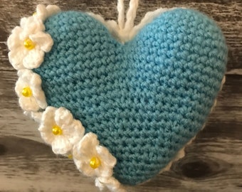 5 Inch Crocheted Hanging Flower Heart - Color Bright Blue