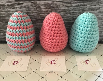Hand Crocheted 3 Inch Solid and Striped Easter Eggs - Choose Colors - Dk Pink/Aqua
