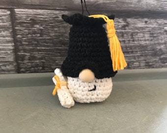 Graduation Gnome Holding Diploma - 3.5 inch - Handmade - Crocheted - Keychain Gnome/ Rearview Mirror Gnome - Standing/Hanging Gnome - Black