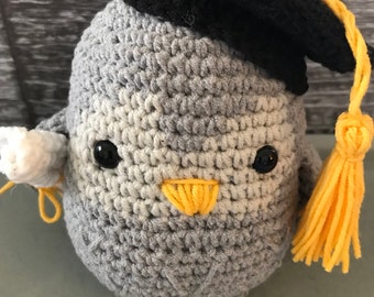 Graduation Owl Plushie - Crocheted 4.5-inch Owl with Diploma - Gray