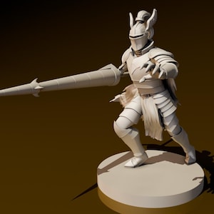 May include: A white painted miniature figurine of a knight in full armor, holding a spear. The knight is standing on a round base.