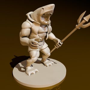 May include: A white 3D printed miniature of a shark-like creature holding a trident. The creature has a human-like body with a shark head and is wearing a jacket. The miniature is standing on a round base.