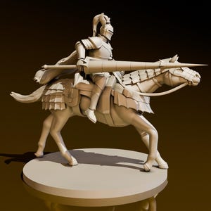 May include: A detailed miniature of a knight on horseback, the knight is wearing armor and holding a lance, the horse is wearing armor and has a saddle, the miniature is painted in a light brown color.