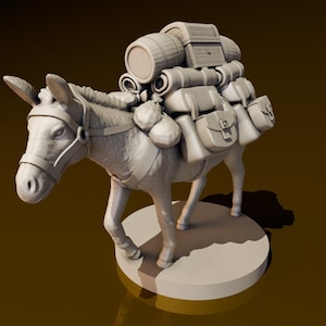 Puede incluir: Una figurita de burro gris que lleva una variedad de equipaje y suministros en su espalda. El burro está de pie sobre una base redonda.