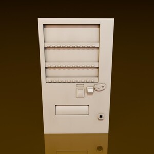 May include: A light beige vending machine with multiple product shelves, a keypad, and a coin slot. The machine has a rectangular shape with a slightly angled top and a small door at the bottom. The background is a gradient of brown and gold.