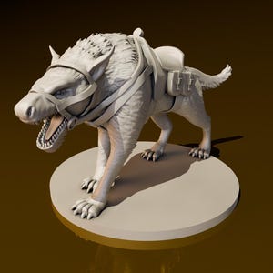 May include: A white, snarling wolf figurine with a saddle and harness. The wolf is standing on a round base.