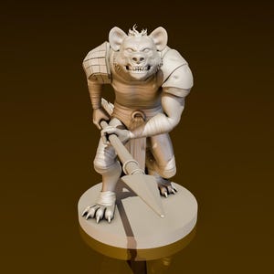 Könnte beinhalten: Eine weiß bemalte Miniaturfigur eines hyänenartigen Wesens, das eine Rüstung trägt und eine Lanze hält. Die Figur ist in Kampfstellung.