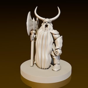 May include: A white miniature figurine of a dwarf warrior with a long beard and horns, holding a large axe. The dwarf is wearing armor and a cloak.