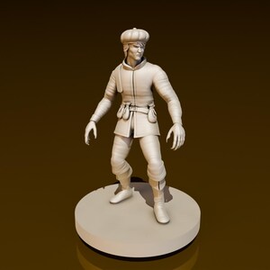 May include: A white painted figurine of a person wearing a hat and a long coat. The figurine is standing on a round base.