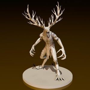 May include: A white, detailed, 3D printed model of a creature with antlers, a human-like body, and sharp claws. The creature is posed in a threatening stance with its mouth open, revealing sharp teeth.