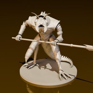 May include: A white, detailed, miniature figurine of a creature with a humanoid body, insect-like head, and a spear in its hands. The figurine is posed in a fighting stance and is standing on a round base.